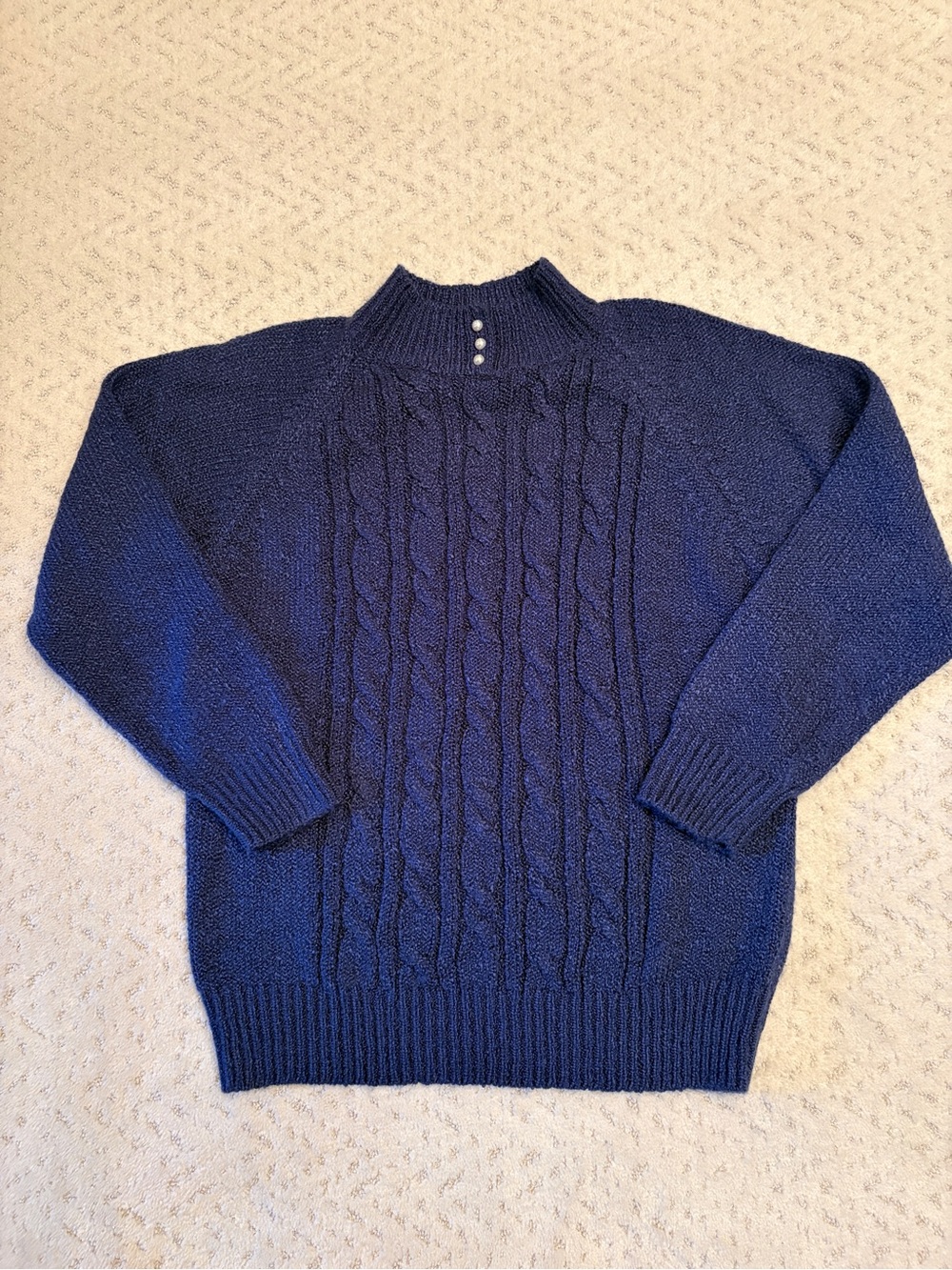 Vintage Blue Rough Cable Knit Sweater Size M Mock Neck With Faux Pearl Buttons